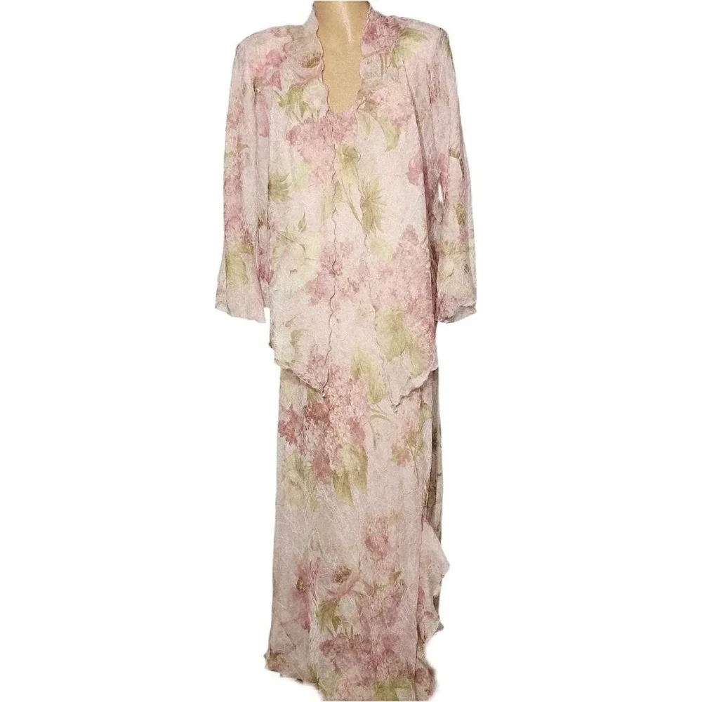 Kathy Roberts Dress Set Womens 10 Pink Floral Maxi Ruffle Crinkle Jacket‎ 9262